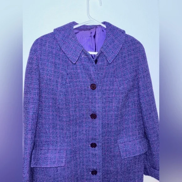 Vintage 50s 60s Harris Tweed purple Wool Trench Coat L - Picture 4 of 8